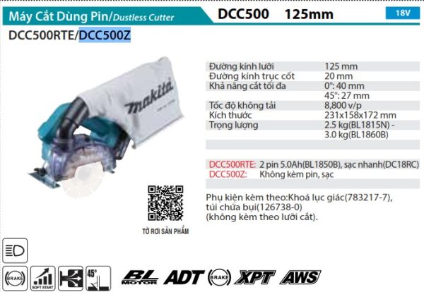 DCC500Z  Máy Cắt Dùng Pin(125mm/aws/bl)(18v) (không Kèm Pin Sạc)
