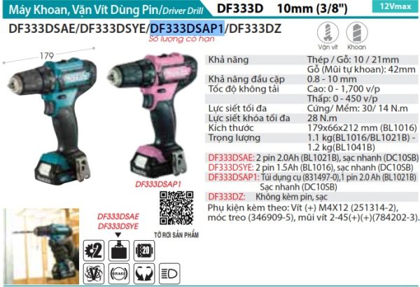 DF333DSAP1  Máy Khoan Và Vặn Vít Dùng Pin(12v Max) (kèm 01 Pin + Sạc)