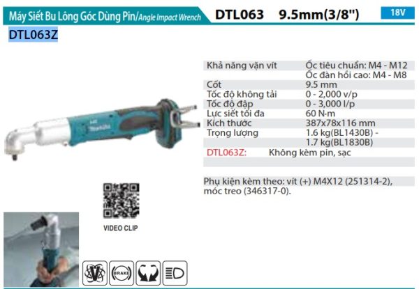 DTL063Z  Máy Siết Bu Lông Góc Dùng Pin(18v) (không Kèm Pin Sạc)
