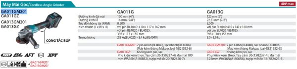 GA011GM201  Máy Mài Góc Dùng Pin(100mm/công Tắc Bóp) (kèm 02 Pin 4.0ah + Sạc Nhanh)