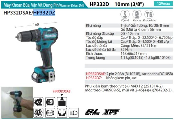 HP332DZ  Máy Khoan Búa, Vặn Vít Dùng Pin(bl) (không Kèm Pin Sạc)