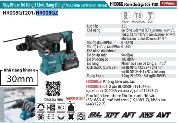 HR008GZ  Máy Khoan Bê Tông 3 Chức Năng Dùng Pin( (không Kèm Pin Sạc)