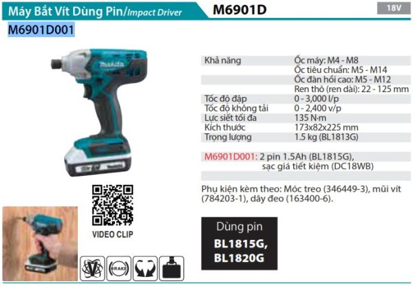 M6901D001  Máy Bắt Vít Dùng Pin (kèm 02 Pin + Sạc)