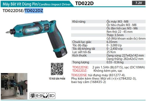 TD022DZ  Máy Bắt Vít Dùng Pin(7.2v) (không Kèm Pin Sạc)
