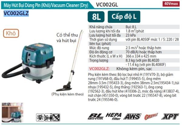 VC002GLZ  Máy Hút Bụi Dùng Pin(khô)(hepa/aws/8l/