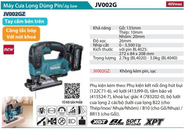 JV002GZ Máy Cưa Lọng Dùng Pin(bl)(40v Max) (không Kèm Pin Sạc)